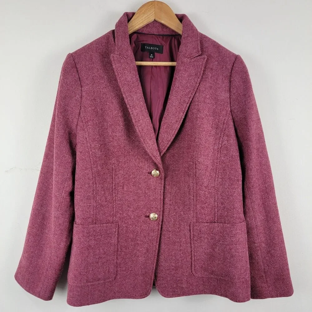 Talbots Classic Pink Blazer Wool Blend Size 16 Gold Buttons Office Business Work